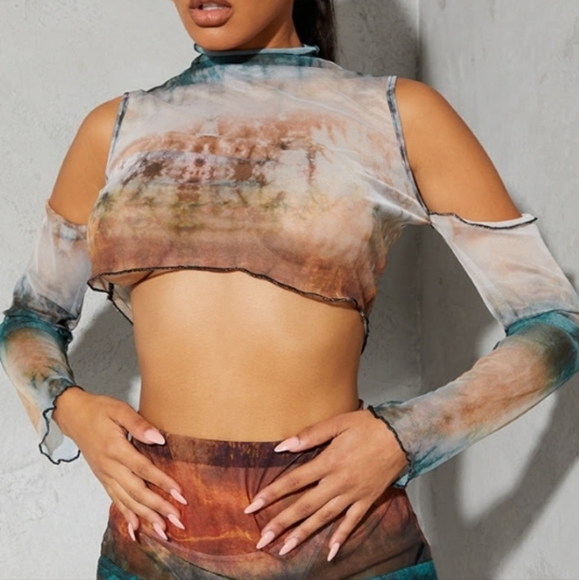 PrettyLittleThing Multi Ombre Mesh High Neck Cut Out Long Sleeve Crop Top - Picture 1 of 5